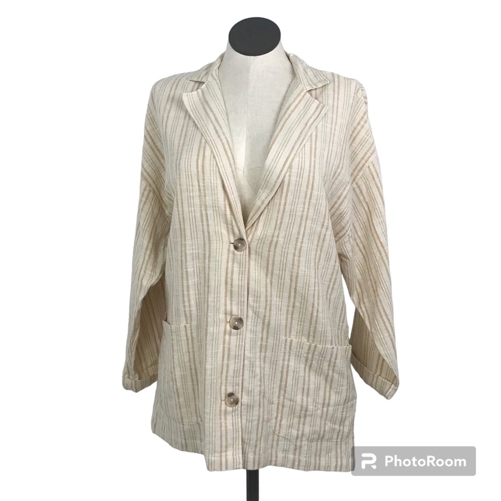 Billabong Lightweight 3 Buttons Blazer Women’s Size L Beige Multicolor Striped.